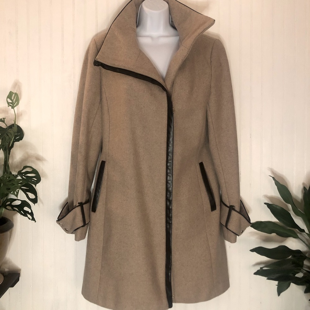 Calvin Klein wool cocoon coat, faux leather trim.